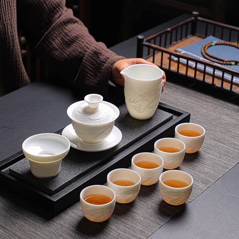 羊脂玉白瓷功夫茶具家用套装陶瓷盖碗茶壶公司活动伴手礼